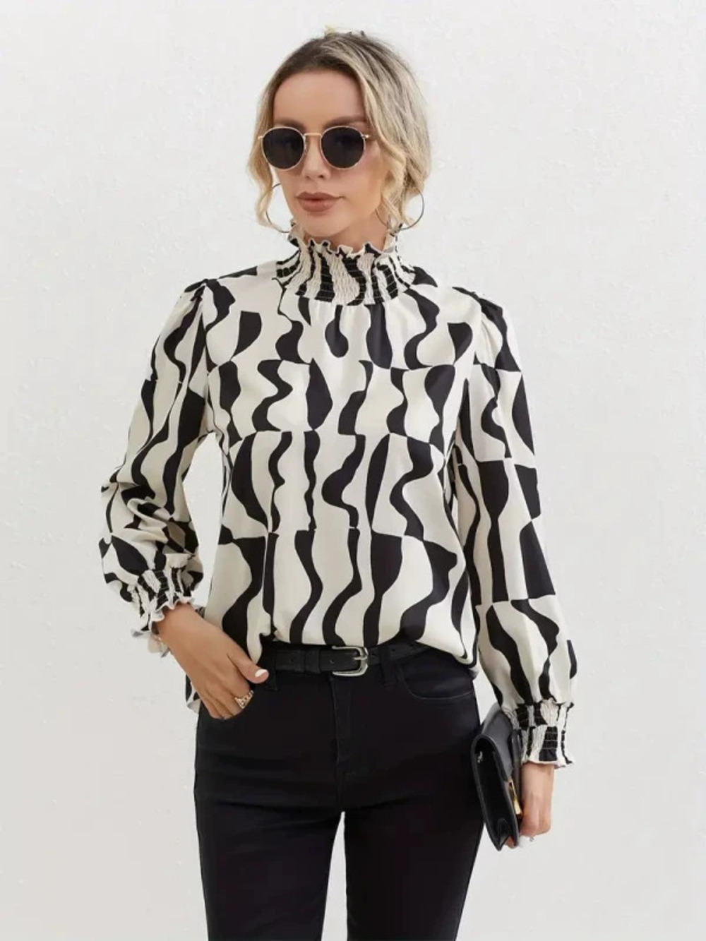 ZARA Printed High Neck Shirred Long Sleeve Blouse